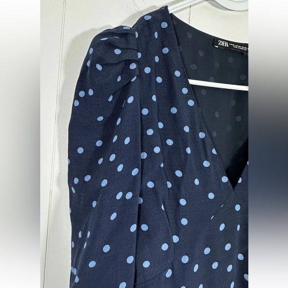 ZARA Midi Maxi Blue Polka Dots Dress puff Long Sleeves Size XS - Picture 8 of 14